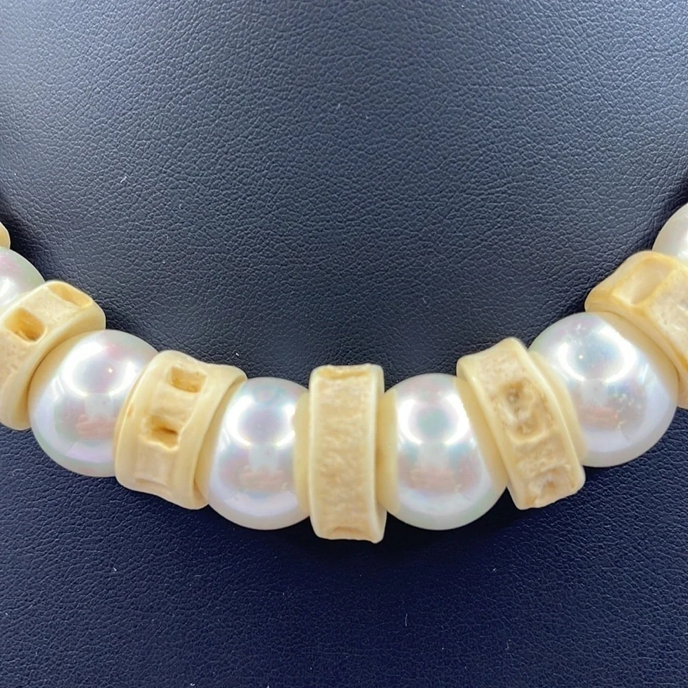 Sterling Silver Pearl and Bone Vintage unique choker necklace Toggle  Oversized